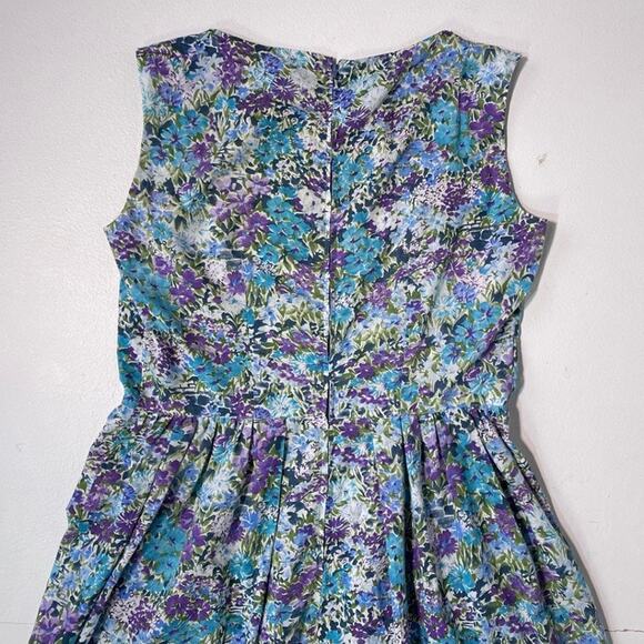 Vintage 60's Blue Floral Sleeveless Cotton Dress Sz L 32" w Retro Plus Talon - Picture 5 of 8
